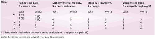 Below (see Table 1) are the clientsÃ¢â‚¬â„¢ responses to the QOL questionnaires: