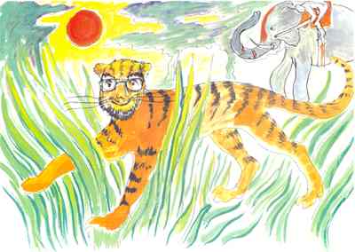 This stopped picture, from an amusing hypnotic dream, was obtained using Hearne's hypno-oneirography technique. The subject, Chrissy, was seeing Dr Hearne as a tiger in a Rousseau-like Setting.