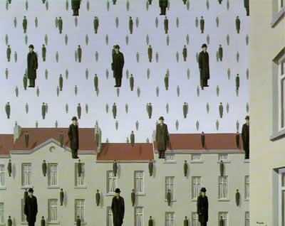 Rene Magritte's painting Golconde is a clear Illustration of what can happen in a dimension whose physical laws are different than ours: