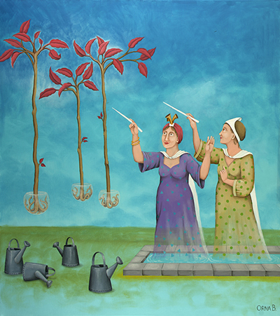 Her painting Tune Agriculture shows two figures supervising the growth of plants floating in the air.