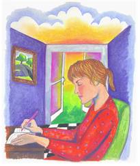 Woman at desk writing