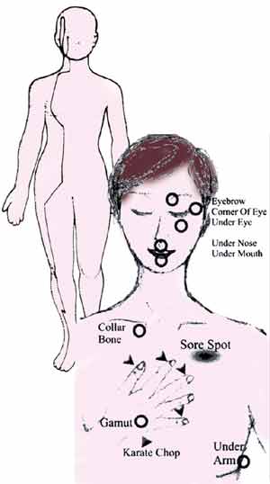 Fig 1. Diagram showing path of the stomach meridian (above). Meridan Points tapped in EFT for releasing negative emotions (below)