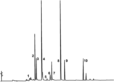 Figure 1: Trace Analysis of Lavandula augustiffolia H.E.C.T. (True Lavender) using Gas Liquid Chromatography