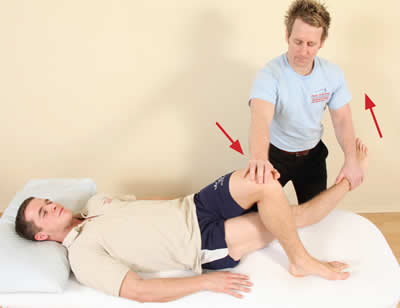 The patient's left knee is stabilized while the therapist adducts the right leg.