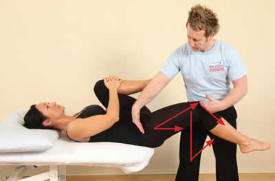 Thomas test. The knee is higher than the hip, indicating a tight right psoas. A tight rectus femoris is also seen here.