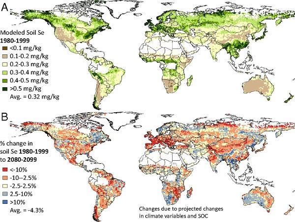 Maps illustrate the modelled soil Se concentrations 1980