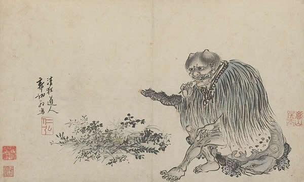 This painting by Guo Xu depicts Shennong as he chews a branch, illustrating his role as healer.