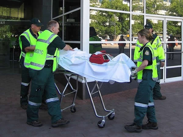 ACTAS Paramedics transport a mock-victim during a mass casualty exercise in Canberra.