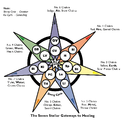 Diagram representing the Seven Gates of the human body comprising the Chakra and Meridian Energy System which can be used for the purposes of healing