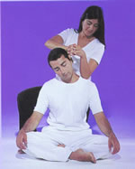 Neck-Elbow. The therapist uses her elbow to apply pressure to the shoulder area while stretching the neck