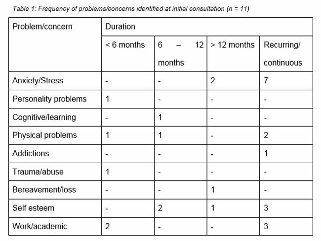 Table 1: Frequency of problems/concerns identified at initial consultation (n = 11)